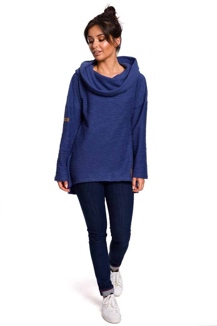Bluza damska trapezowa z kapturem i kołnierzem dzianina indygo B131 Bluza damska trapezowa z kapturem i kołnierzem dzianina indygo B131