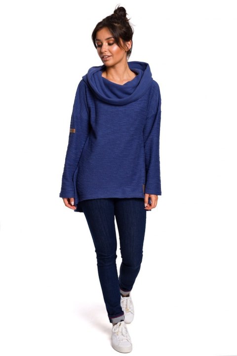 Bluza damska trapezowa z kapturem i kołnierzem dzianina indygo B131 Bluza damska trapezowa z kapturem i kołnierzem dzianina indygo B131