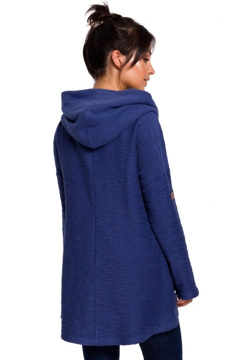 Bluza damska trapezowa z kapturem i kołnierzem dzianina indygo B131 Bluza damska trapezowa z kapturem i kołnierzem dzianina indygo B131