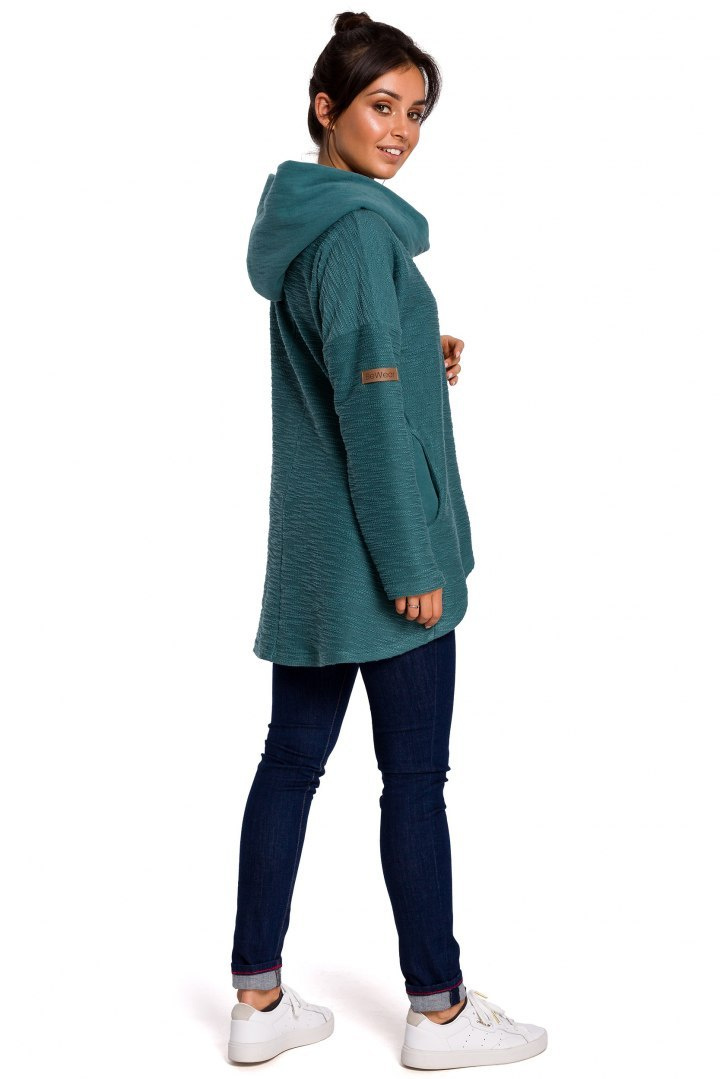 Bluza damska trapezowa z kapturem i kołnierzem dzianina turkusowa B131 Bluza damska trapezowa z kapturem i kołnierzem dzianina turkusowa B131