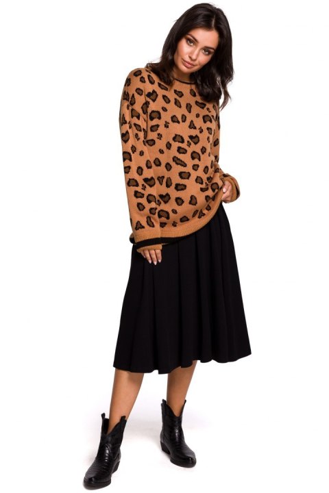Sweter damski w lamparcie cętki ze ściągaczem brązowy m4 BK029 Sweter damski w lamparcie cętki ze ściągaczem brązowy m4 BK029