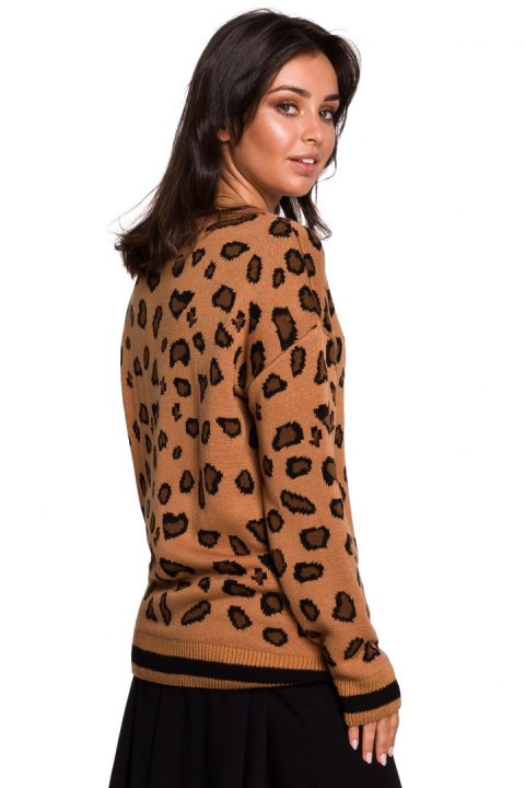 Sweter damski w lamparcie cętki ze ściągaczem brązowy m4 BK029 Sweter damski w lamparcie cętki ze ściągaczem brązowy m4 BK029