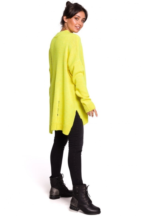 Sweter damski luźny oversize z dziurami i dekoltem V żółty BK028 Sweter damski luźny oversize z dziurami i dekoltem V żółty BK028