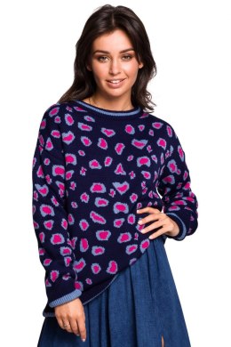 Sweter damski w lamparcie cętki ze ściągaczem granatowy m1 BK029