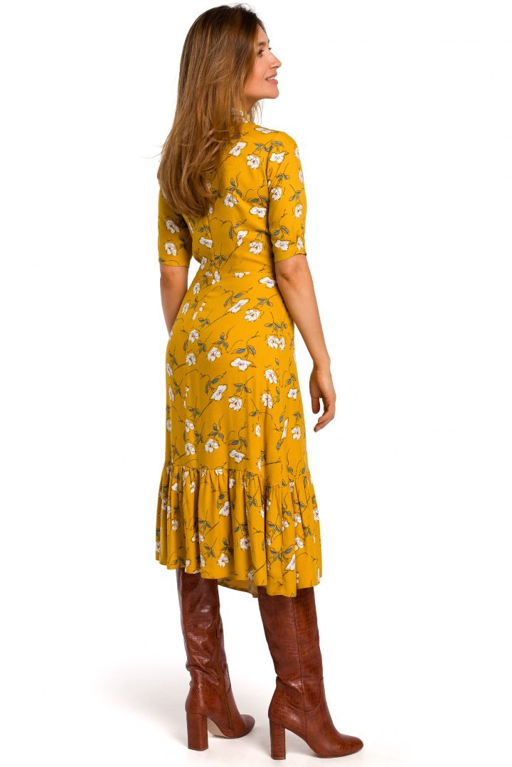 Lekka sukienka midi z wiskozy w kwiaty krótki rękaw miodowa S177