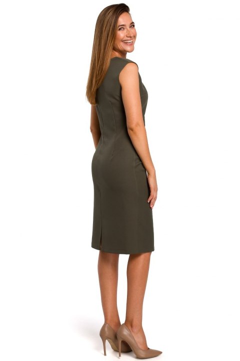 Elegancka sukienka dopasowana midi bez rękawów dekolt V khaki S174 Elegancka sukienka dopasowana midi bez rękawów dekolt V khaki S174
