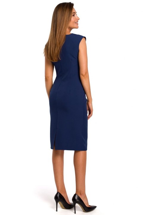 Elegancka sukienka dopasowana midi bez rękawów dekolt V granatowa S174 Elegancka sukienka dopasowana midi bez rękawów dekolt V granatowa S174