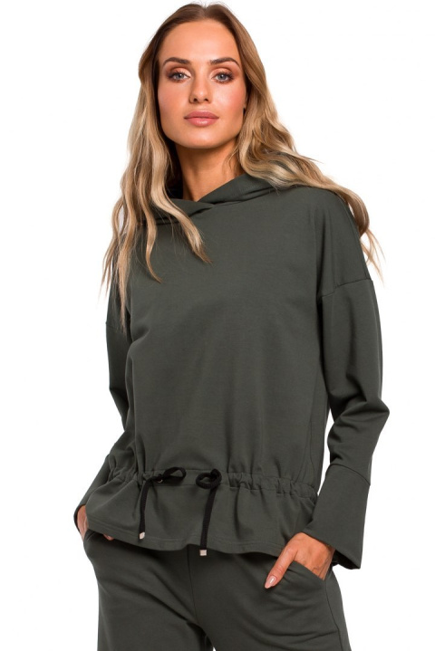 Bluza damska dresowa z kapturem i wiązaniem w talii zielona me449 Bluza damska dresowa z kapturem i wiązaniem w talii zielona me449