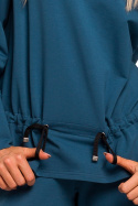 Bluza damska dresowa z kapturem i wiązaniem w talii morska me449