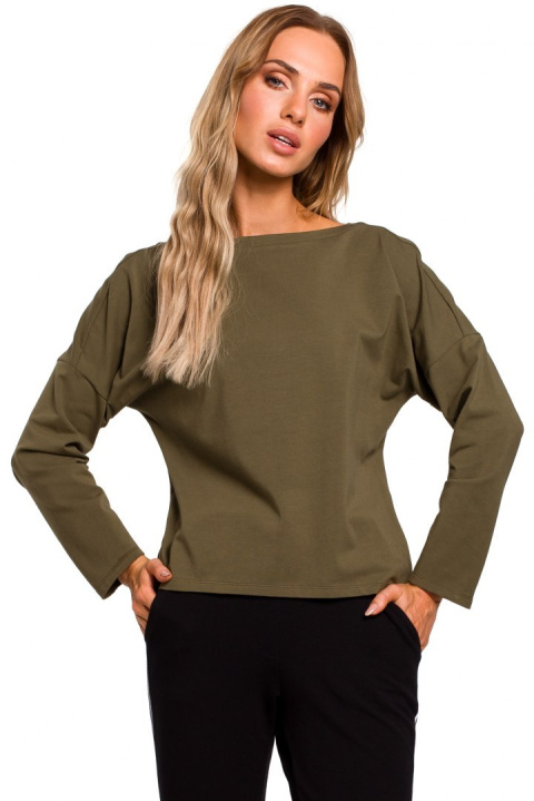 Bluzka damska gładka oversize z dekoltem na plecach khaki me457 Bluzka damska gładka oversize z dekoltem na plecach khaki me457