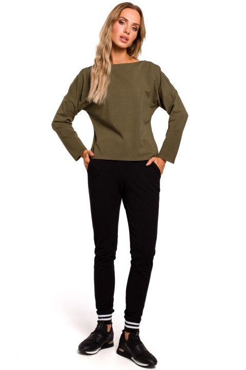 Bluzka damska gładka oversize z dekoltem na plecach khaki me457 Bluzka damska gładka oversize z dekoltem na plecach khaki me457