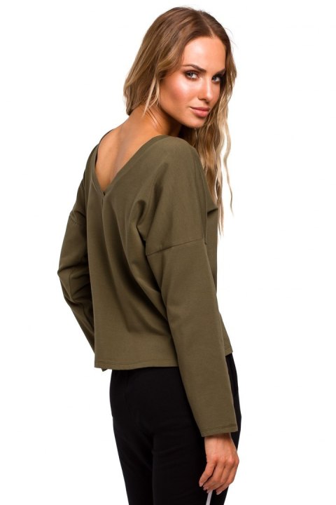 Bluzka damska gładka oversize z dekoltem na plecach khaki me457 Bluzka damska gładka oversize z dekoltem na plecach khaki me457