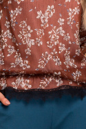 Bluzka damska w kwiatki z koronkowymi detalami brązowa me456