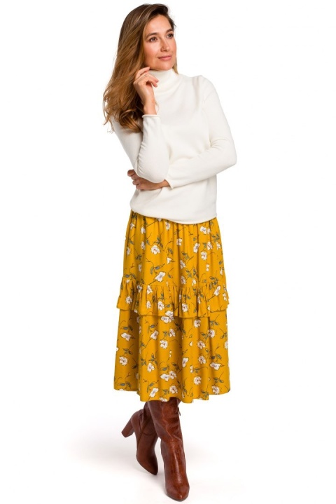 Spódnica midi rozkloszowana w kwiaty z falbanami miodowa S179 Spódnica midi rozkloszowana w kwiaty z falbanami miodowa S179