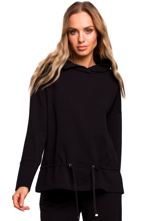 Bluza damska dresowa z kapturem i wiązaniem w talii czarna me449 Bluza damska dresowa z kapturem i wiązaniem w talii czarna me449