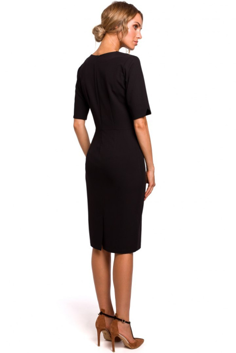 Elegancka sukienka ołówkowa midi krótki rękaw dekolt V czarna me455 Elegancka sukienka ołówkowa midi krótki rękaw dekolt V czarna me455