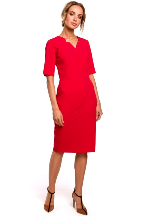 Elegancka sukienka ołówkowa midi krótki rękaw dekolt V czerwona me455 Elegancka sukienka ołówkowa midi krótki rękaw dekolt V czerwona me455