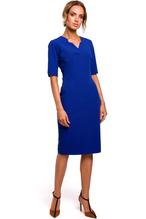 Elegancka sukienka ołówkowa midi krótki rękaw dekolt V chabrowa me455 Elegancka sukienka ołówkowa midi krótki rękaw dekolt V chabrowa me455