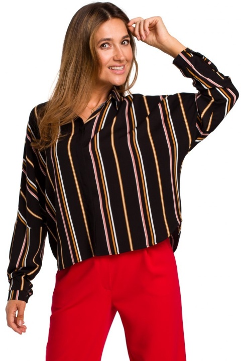 Koszula damska z wiskozy w paski o luźnym kroju czarna S181