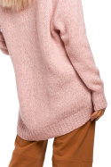Sweter damski asymetryczny oversize z półgolfem pudrowy me468