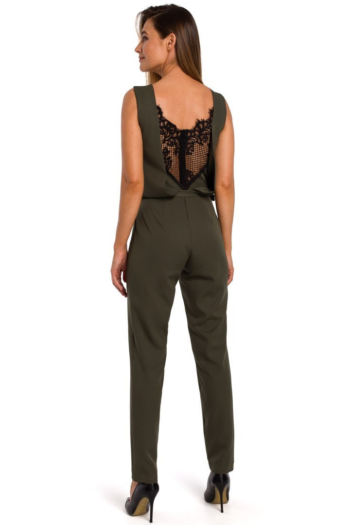 Elegancki kombinezon bez rękawów z tyłu dekolt z koronką khaki S191 Elegancki kombinezon bez rękawów z tyłu dekolt z koronką khaki S191