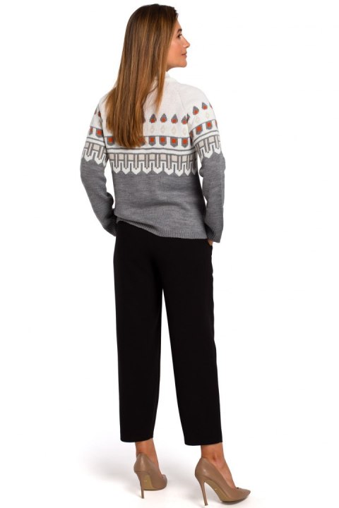 Sweter damski we wzory ze ściągaczem dekolt pod szyję szary S199 Sweter damski we wzory ze ściągaczem dekolt pod szyję szary S199