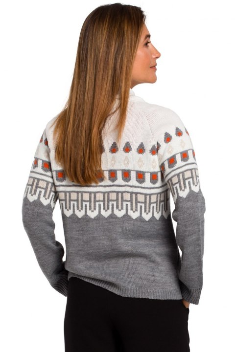 Sweter damski we wzory ze ściągaczem dekolt pod szyję szary S199 Sweter damski we wzory ze ściągaczem dekolt pod szyję szary S199
