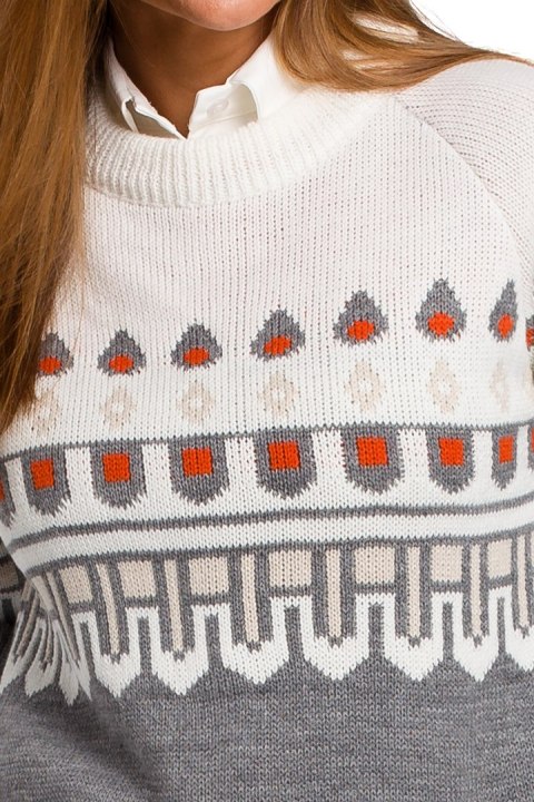 Sweter damski we wzory ze ściągaczem dekolt pod szyję szary S199 Sweter damski we wzory ze ściągaczem dekolt pod szyję szary S199