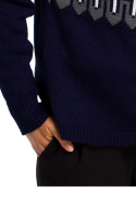 Sweter damski we wzory ze ściągaczem dekolt pod szyję granatowy S199