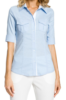 Koszula damska taliowana z krótkim rękawem wiskoza błękitna me027
