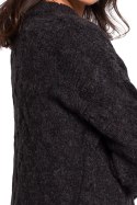 Sweter damski ze ściągaczem i warkoczowym splotem antracytowy BK038