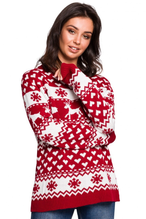Sweter damski ze ściągaczem i motywem świątecznym czerwony m1 BK039 Sweter damski ze ściągaczem i motywem świątecznym czerwony m1 BK039