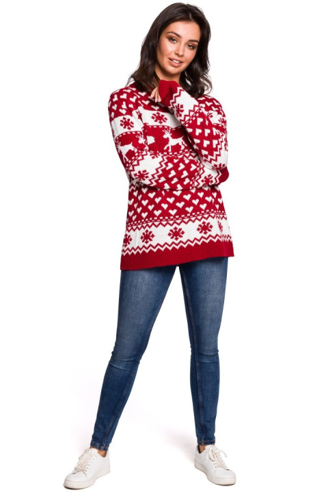 Sweter damski ze ściągaczem i motywem świątecznym czerwony m1 BK039 Sweter damski ze ściągaczem i motywem świątecznym czerwony m1 BK039