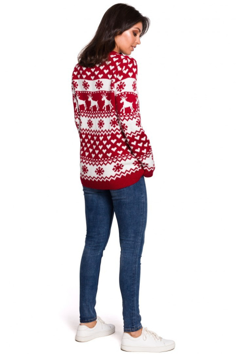 Sweter damski ze ściągaczem i motywem świątecznym czerwony m1 BK039 Sweter damski ze ściągaczem i motywem świątecznym czerwony m1 BK039