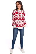 Sweter damski ze ściągaczem i motywem świątecznym biały m2 BK039