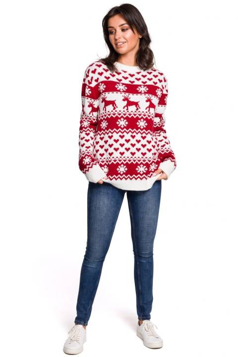 Sweter damski ze ściągaczem i motywem świątecznym biały m2 BK039 Sweter damski ze ściągaczem i motywem świątecznym biały m2 BK039