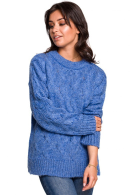 Sweter damski ze ściągaczem i warkoczowym splotem niebieski BK038