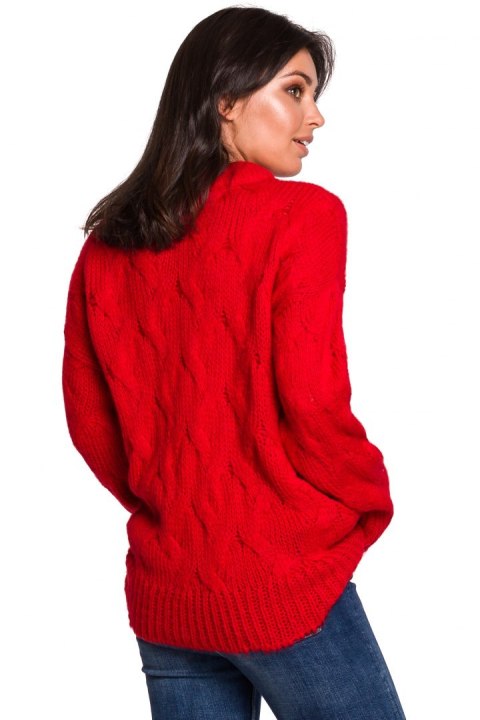 Sweter damski ze ściągaczem i warkoczowym splotem czerwony BK038 Sweter damski ze ściągaczem i warkoczowym splotem czerwony BK038