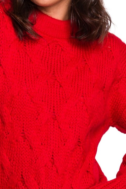 Sweter damski ze ściągaczem i warkoczowym splotem czerwony BK038 Sweter damski ze ściągaczem i warkoczowym splotem czerwony BK038