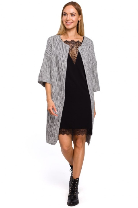 Długi kardigan damski oversize z krótkim rękawem szary me472 Długi kardigan damski oversize z krótkim rękawem szary me472