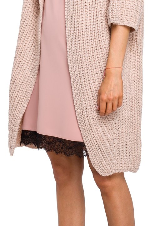 Długi kardigan damski oversize z krótkim rękawem pudrowy me472 Długi kardigan damski oversize z krótkim rękawem pudrowy me472