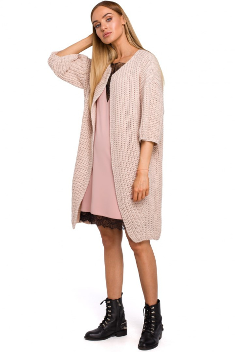 Długi kardigan damski oversize z krótkim rękawem pudrowy me472 Długi kardigan damski oversize z krótkim rękawem pudrowy me472