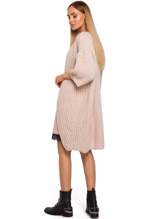 Długi kardigan damski oversize z krótkim rękawem pudrowy me472 Długi kardigan damski oversize z krótkim rękawem pudrowy me472