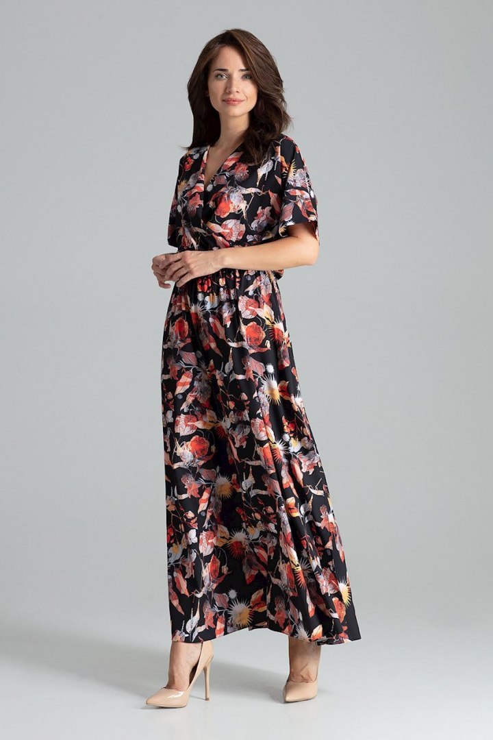 Sukienka maxi rozkloszowana z gumką i krótkim rękawem kwiaty L055