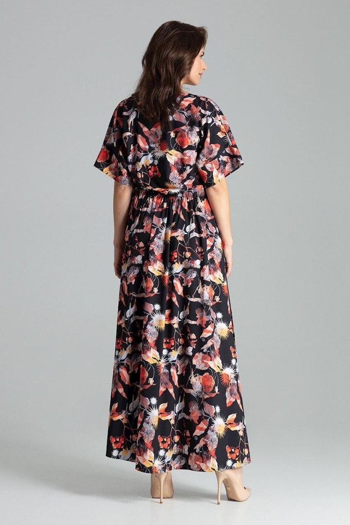 Sukienka maxi rozkloszowana z gumką i krótkim rękawem kwiaty L055