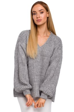 Sweter damski oversize z dekoltem V i szerokim rękawem szary me471