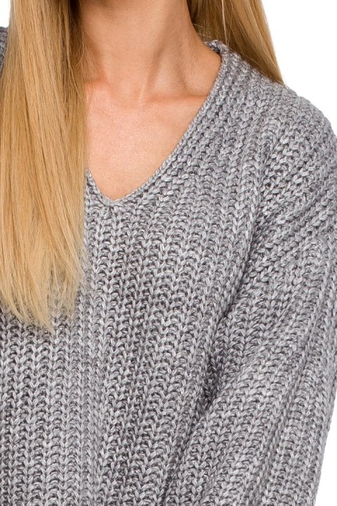 Sweter damski oversize z dekoltem V i szerokim rękawem szary me471 Sweter damski oversize z dekoltem V i szerokim rękawem szary me471