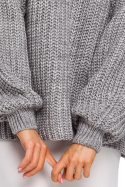 Sweter damski oversize z dekoltem V i szerokim rękawem szary me471