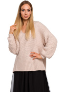 Sweter damski oversize z dekoltem V i szerokim rękawem pudrowy me471