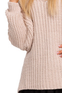 Sweter damski oversize z dekoltem V i szerokim rękawem pudrowy me471